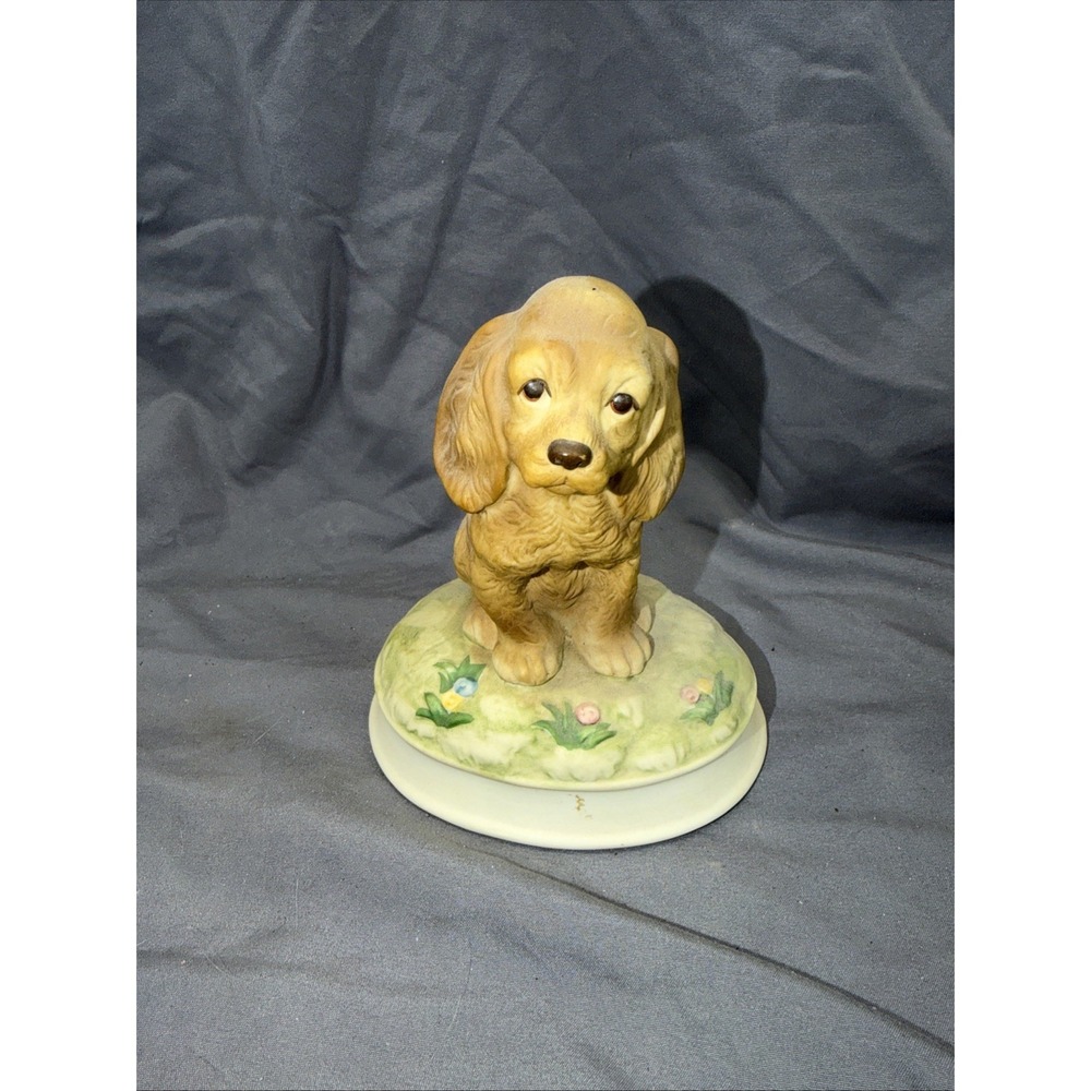 Vintage Gorham Bisque Ceramic Cocker Spaniel Puppy Dog Music Box Working 6x5x4